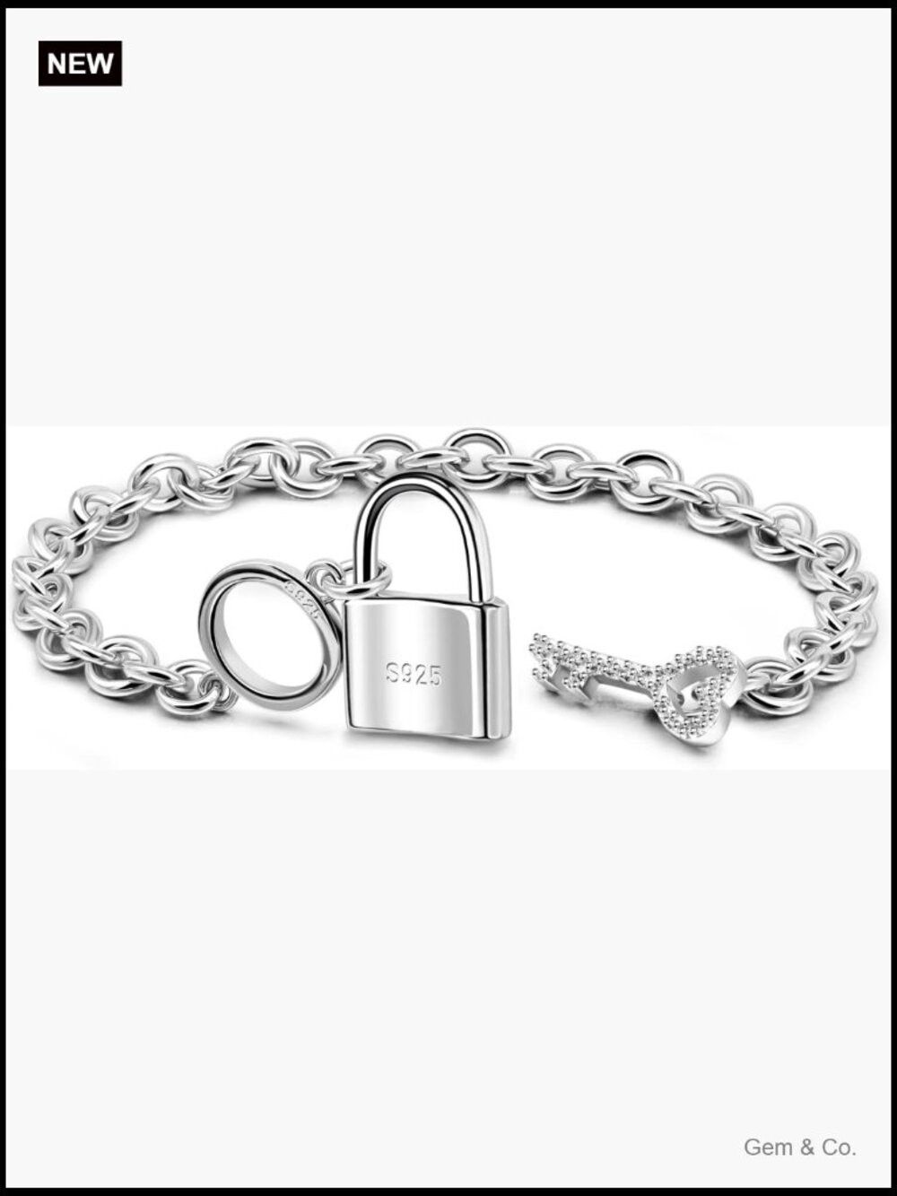 925 Sterling Silver Key Lock Pendant Bracelet Rolo Chain Bangle